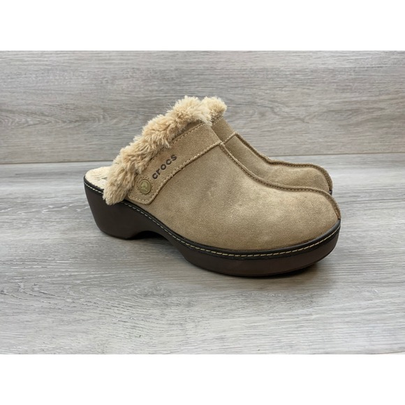 CROCS Shoes - Crocs Women's Tan Suede Faux Fur Lined Clogs Mule‎ 10 Slip On Comfort Shoes